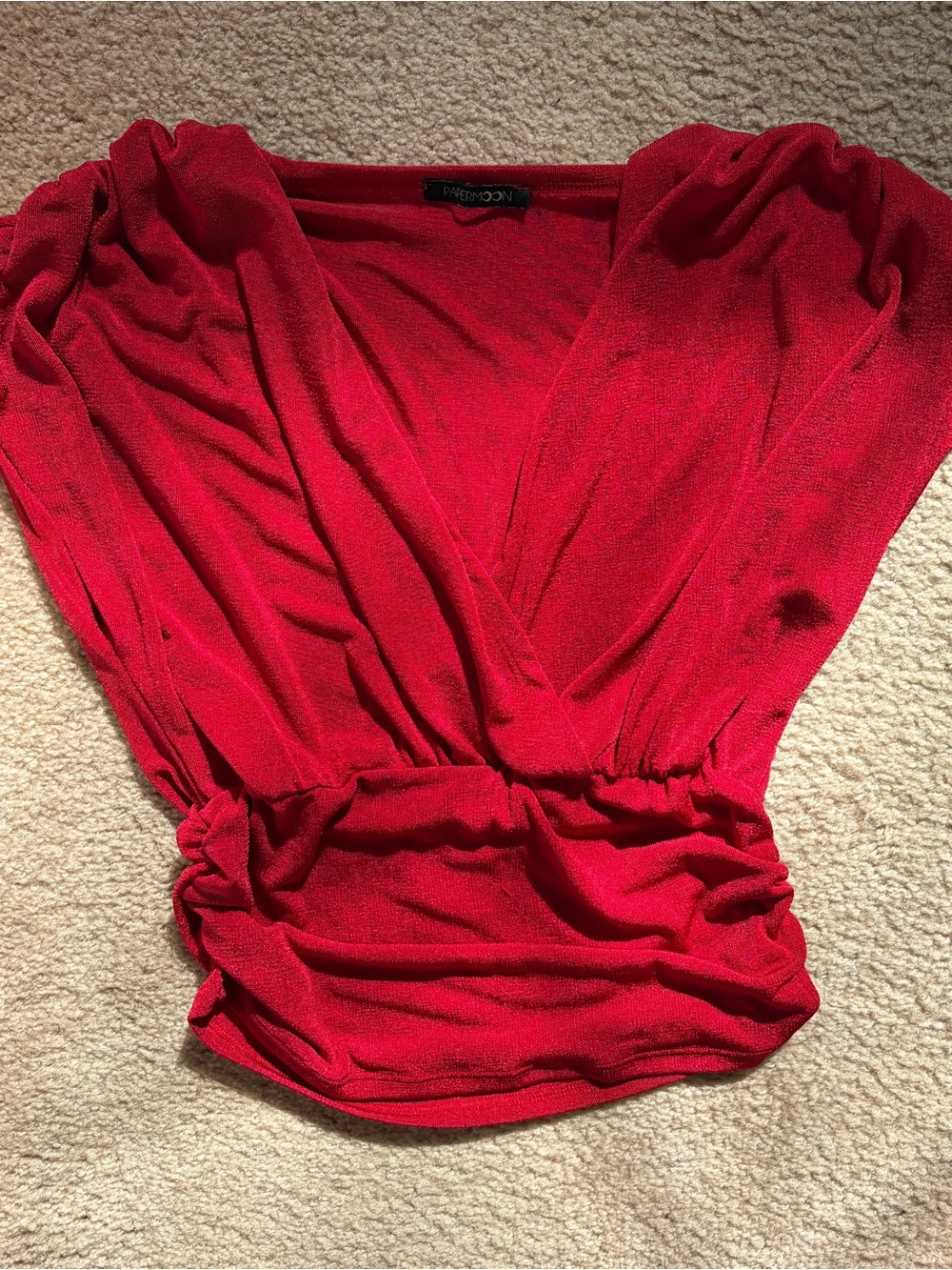 red batwing wrap top ruched waist top
